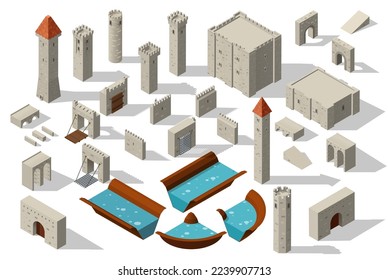 Isometric castle tower with wall bridge and moat, vector fortress building. Medieval fort constructor or ancient castle and citadel palace architecture elements of fortification wall, tower and gates svg