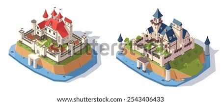 Isometric castles set on a scenic landscape. Vector illustration