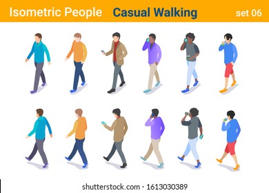 Isometric Casual People flat vector collection. Man walking, talking or looking on Mobile phone, back and front poses.