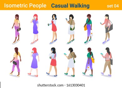 Isometric Casual People flat vector collection. Woman Girl walking and talking or looking on Mobile phone  back and front poses.