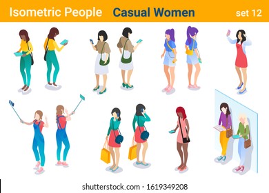 Isometric Casual People flat vector collection. Woman Girl standing and looking on Mobile phone back and front poses.