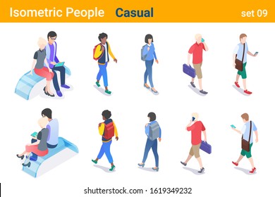 Isometric Casual People flat vector collection. Man and Woman walking, talking or looking on Mobile phone, sitting and hugging on bench  back and front poses.