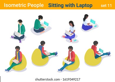 Isometric Casual People sitting with Notebook Laptop flat vector collection.