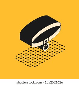 Isometric Cat collar with name tag icon isolated on yellow background. Simple supplies for domestic animal. Cat and dog care. Pet cat chains.  Vector Illustration