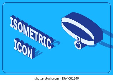 Isometric Cat collar with name tag icon isolated on blue background. Simple supplies for domestic animal. Cat and dog care. Pet cat chains.  Vector Illustration