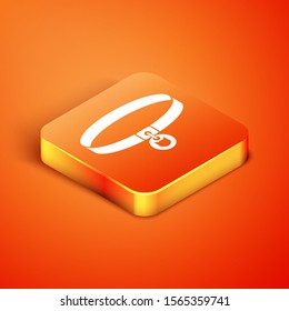 Isometric Cat collar with name tag icon isolated on orange background. Simple supplies for domestic animal. Cat and dog care. Pet cat chains.  Vector Illustration