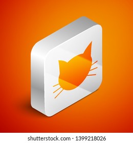 Isometric Cat icon isolated on orange background. Silver square button. Vector Illustration