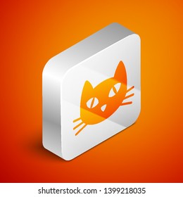 Isometric Cat icon isolated on orange background. Silver square button. Vector Illustration