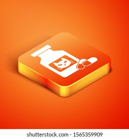 Isometric Cat medicine bottle and pills icon isolated on orange background. Container with pills. Prescription medicine for animal.  Vector Illustration