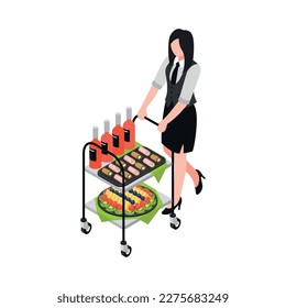 Isometric catering waitress carrying trolley with refreshments 3d vector illustration