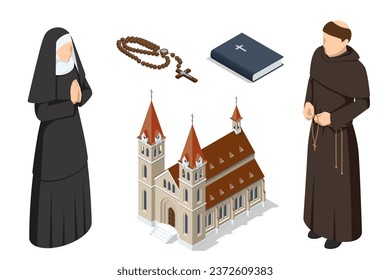 Isometric Catholic church building, catholic bible, Catholic Priest and A nun in traditional robes in vestment isolated on a white background. Pastor, religious people. Religion and its