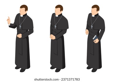Isometric Catholic Priest in vestment isolated on white background. Pastor, religious people