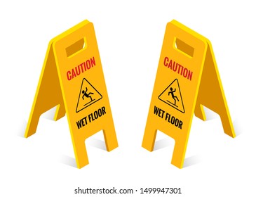 Isometric Caution Wet Floor Sign Isolated On White Background