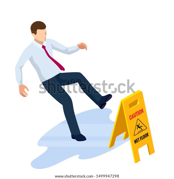 Isometric caution wet floor\
sign isolated on white background. The man slipped on the wet\
floor.
