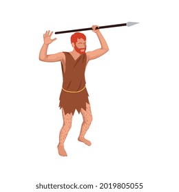 Isometric caveman with spear in hand 3d vector illustration