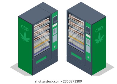 Máquina expendedora de CBD isométrica. Medicina alternativa herbaria, aceite de cbd, industria farmacéutica Máquina expendedora automática vende productos legales de cannabis