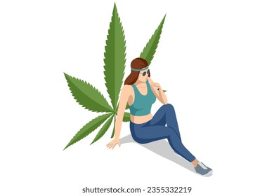 Isometric CBD vending machine. Hippie style woman smoking cigarettes with medical marijuana