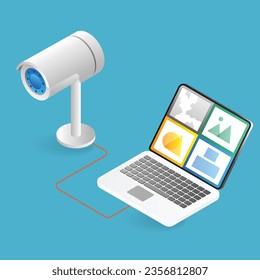 Isometric cctv flat 3d illustration concept with monitor screen