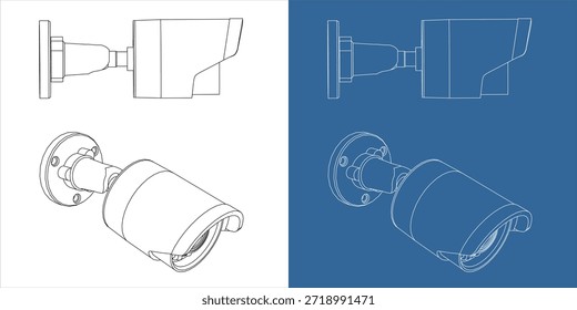 Isometric CCTV Security Camera Technical Drawing Wireframe Perspective