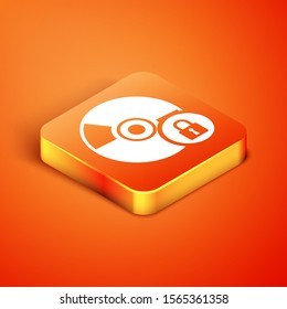 Isometric CD or DVD disk with closed padlock icon isolated on orange background. Compact disc sign. Security, safety, protection concept.  Vector Illustration