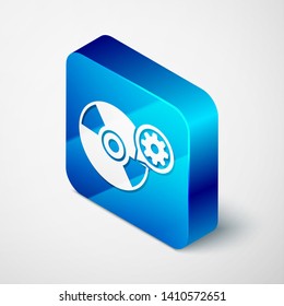 Isometric CD or DVD disk and gear icon isolated on white background. Adjusting app, service concept, setting options, maintenance, repair, fixing. Blue square button. Vector Illustration