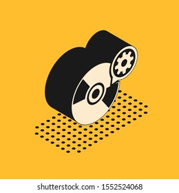 Isometric CD or DVD disk and gear icon isolated on yellow background. Adjusting app, service concept, setting options, maintenance, repair, fixing.  Vector Illustration