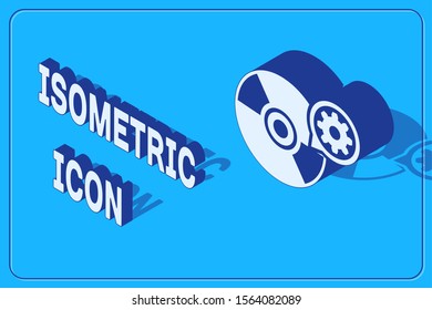 Isometric CD or DVD disk and gear icon isolated on blue background. Adjusting app, service concept, setting options, maintenance, repair, fixing.  Vector Illustration
