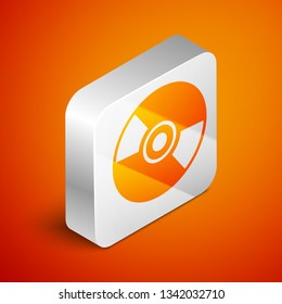 Isometric CD or DVD disk icon isolated on orange background. Compact disc sign. Silver square button. Vector Illustration
