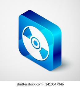 Isometric CD or DVD disk icon isolated on white background. Compact disc sign. Blue square button. Vector Illustration