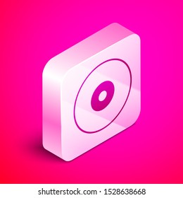 Isometric CD or DVD disk icon isolated on pink background. Compact disc sign. Silver square button. Vector Illustration