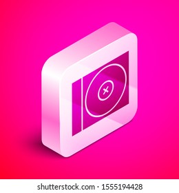 Isometric CD or DVD disk icon isolated on pink background. Compact disc sign. Silver square button. Vector Illustration