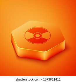 Isometric CD or DVD disk icon isolated on orange background. Compact disc sign. Orange hexagon button. Vector Illustration