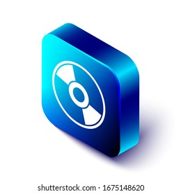 Isometric CD o DVD disk icon aislado en fondo blanco. Signo de disco compacto. Botón cuadrado azul.  Ilustración vectorial