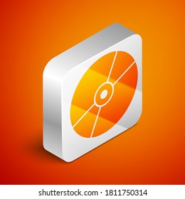 Isometric CD or DVD disk icon isolated on orange background. Compact disc sign. Silver square button. Vector.