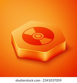 Isometric CD or DVD disk icon isolated on orange background. Compact disc sign. Orange hexagon button. Vector Illustration