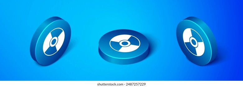 Isometrisches CD- oder DVD-Disk-Symbol auf blauem Hintergrund. CD-Schild. Blue Circle-Button. Vektorillustration