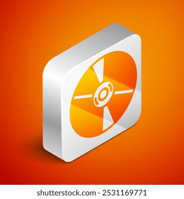 Isometrisches CD- oder DVD-Symbol einzeln auf orangefarbenem Hintergrund. CD-Zeichen. Silberner quadratischer Knopf. Vektorgrafik