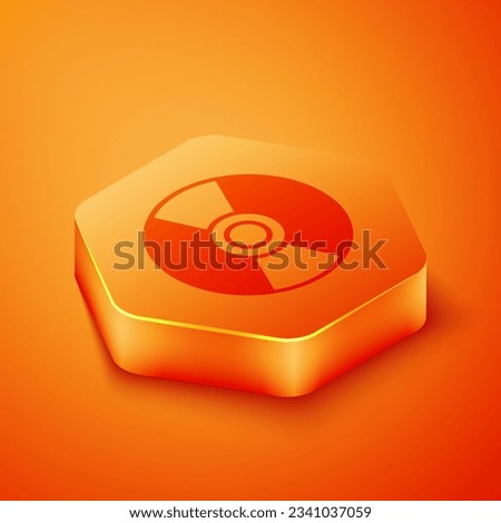 Isometric CD or DVD disk icon isolated on orange background. Compact disc sign. Orange hexagon button. Vector Illustration