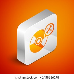Isometric CD or DVD disk with screwdriver and wrench icon isolated on orange background. Adjusting, service, setting, maintenance, repair, fixing. Silver square button. Vector Illustration