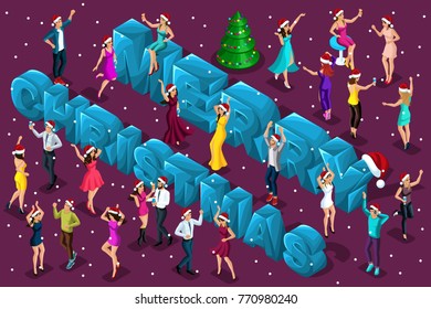 Isometric celebration, men and women have fun against the backdrop of the big letters of a happy Christmas, corporate party, tree, snow, happiness