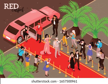 Isometric celebrities composition with purple limo and superstars walking down the red carpet with reporters photographers vector illustration