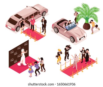 Isometric celebrities compositions set with luxury cars red carpet and paparazzi photographers taking photos of superstars vector illustration