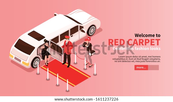 Isometric celebrities horizontal banner with\
slider button editable text and images of limousine car with people\
vector illustration