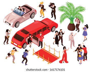 Isometric celebrities red carpet paparazzi set with isolated images of luxury cars walking stars and photographers vector illustration