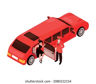 Isometric Celebrities Red Carpet Paparazzi Composition With Female Celebrity Stepping Out Of Limo Car With Doorkeeper Vector Illustration