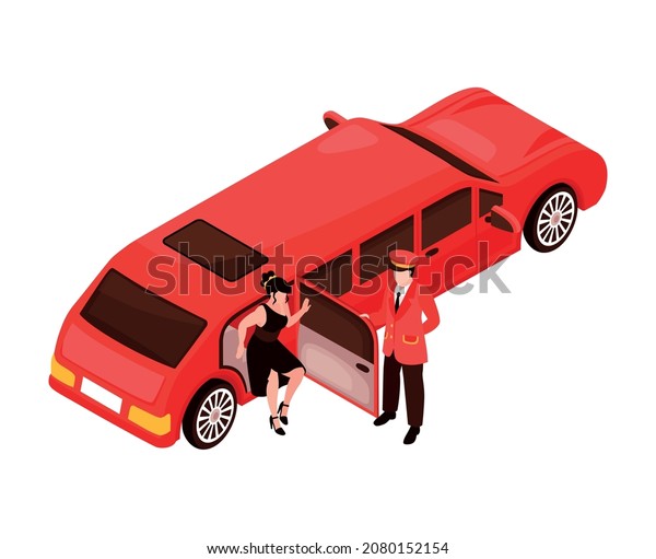 Isometric celebrities red carpet paparazzi\
composition with female celebrity stepping out of limo car with\
doorkeeper vector\
illustration