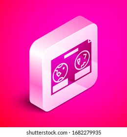 Isometric Celestial map of the night sky icon isolated on pink background. Starry hemisphere. Planisphere and constellations. Silver square button. Vector Illustration