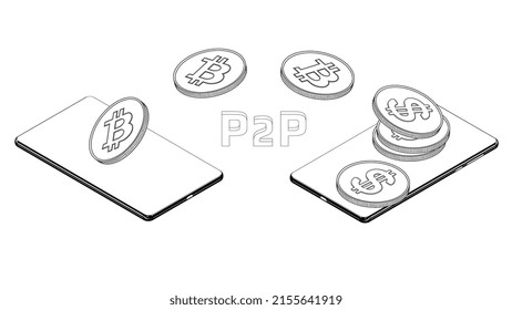 Isometric cellphones and flying BTC coins outline isolated on white. Concept of transferring and converting bitcoin BTC to dollars USD peer to peer P2P using mobile phone. Vector illustration.