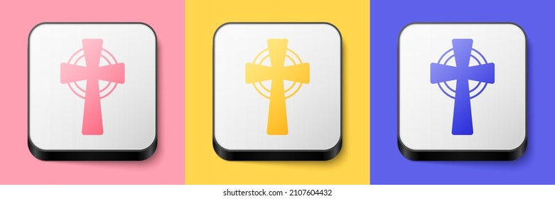 Isometric Celtic cross icon isolated on pink, yellow and blue background. Happy Saint Patricks day. National Irish holiday. Square button. Vector