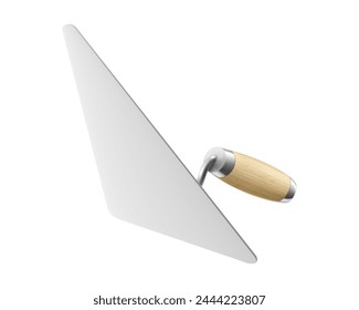 Isometric cement trowel isolated on white background. Realistic bricklayer trowel vector icon for web design. Spatula with a wooden handle. Construction tool. Vector illustration. 3D.